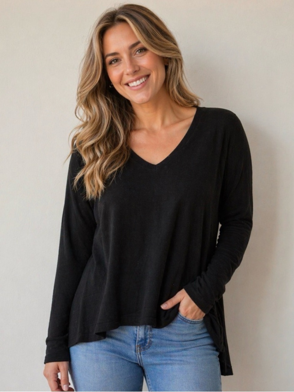 BCBGMaxAzria Black Asymmetrical V-Neck Long Sleeve Blouse